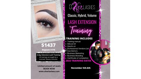Lash courses near me. Trainer-Led Lash Extension Certification Training. Interact in real time with your Trainer and classmates, receive live feedback, support, and complete live hands-on applications from anywhere! SUPPLIES, EQUIPMENT, & FURNITURE WORTH $1900. Our All-Inclusive package contains all of the application supplies for your training program and beyond! 