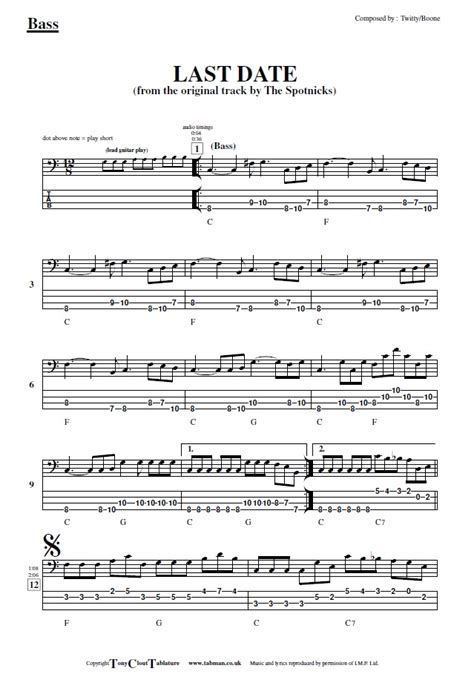 Last Date music sheet and notes by The Spotnicks