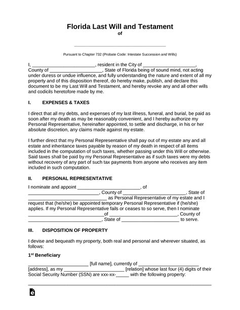 Last Will And Testament Forms Florida