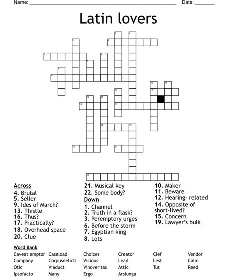 Latin lovers word crossword. Latin lover’s verb. Crossword Clue Here is the solution for the Latin lover’s verb clue featured in Wall Street Journal puzzle on July 21, 2022. We have found 40 possible answers for this clue in our database. Among them, one solution stands out with a 95% match which has a length of 3 letters. You can unveil this answer gradually, one ... 