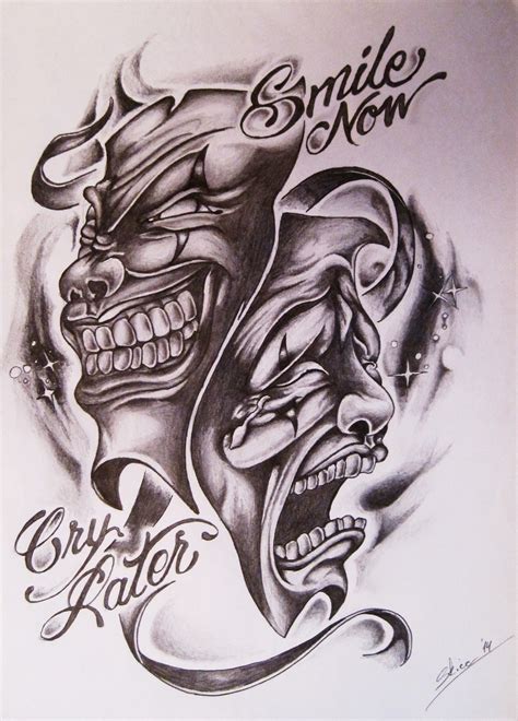 This 'Laugh now cry later 'tattoo on the entire arm depicts two clown faces with exaggerated, pointed features—a sobbing clown mask with tears on the bottom and a happy clown mask with tears on top. The design is one-of-a-kind, conveying a powerful statement in a thoughtful way. This tattoo design is great for striking patterns because of .... 