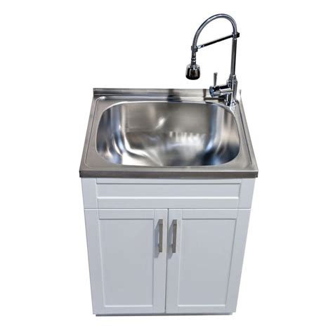 Glacier Bay. All-in-One 24 in. x 24 in. 20 Gal. Freestanding Laundry Tub in White, with Non-Metallic Pull-Out Faucet in Chrome.