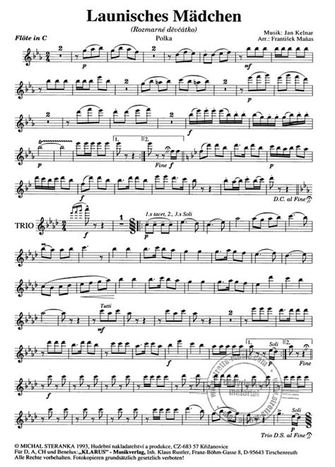 Launisches maedchen rozmarne devcatko solo polka fuer klarinetten im trio. ROZMARNÉ DEVCÁTKO. Komponist: Jan Kelnar. Arrangeur: Frantisek Manas. Schwierigkeitsgrad: 3,0. 32,00€ + Warenkorb. Verfügbar (Lieferzeit: 5-10 Tage*) Preis ohne Steuer: 29,91€ Aufnahme auf CD: Neuer Schwung. (Artikelnummer: 26393) *Gilt für Lieferungen nach Deutschland. 