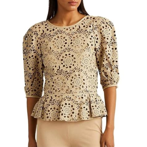 Lauren Ralph Lauren Womens Lambskin Leather Laser Cut Peplum Top