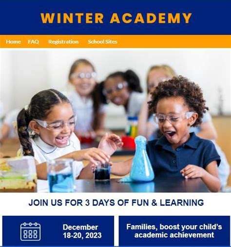 Register for Winter Academy When 11/22/2023, 8:30 AM - 3:30 PM LAUSD will be hosting the Winter Academy from December 18-20 to empower our students with three extra days of academic support. CLICK HERE to register before November 28, 2023 For more information visit .... 