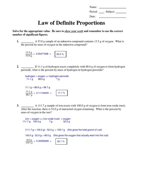 Law Of Definite Proportions Worksheet