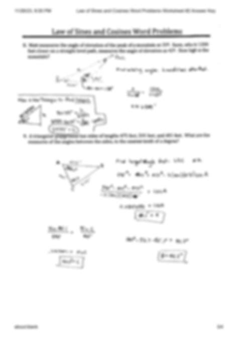 Law of Sines and Cosines Word Problems Worksheet 2 Answer Key MAT