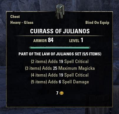 Law of julianos. Law of Julianos (until Ring of the Pale Order) Bloodthirsty. Jewelry. Spell Damage . Julianos and Magnus are craftable sets, and you can buy these ESO gear sets from FarmGolds, a great place to buy MMO gold, items, and accounts. 
