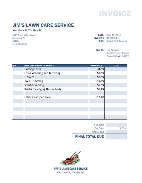 Lawn Maintenance Invoice Template