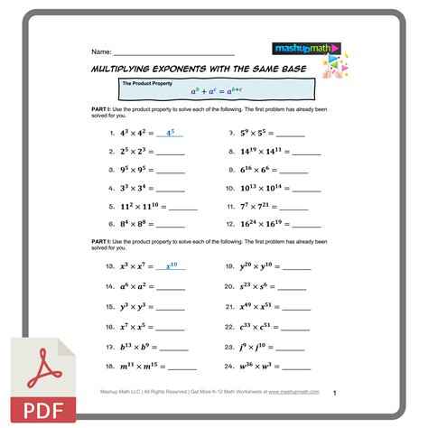Laws of exponents worksheet grade 7 pdf.  This engaging activity sheet teaches students about p...