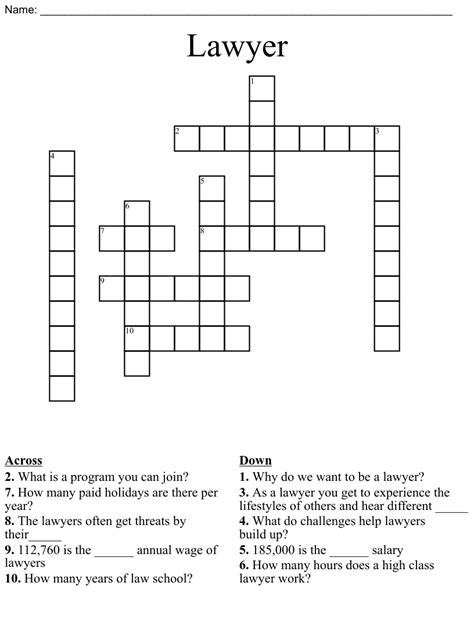 Lawyer crossword clue. Answers for lawyer crossword clue, 7 letters. Search for crossword clues found in the Daily Celebrity, NY Times, Daily Mirror, Telegraph and major publications. Find clues for lawyer or most any crossword answer or clues for crossword answers. 