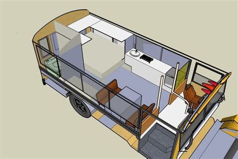 Wheel wells and drains are the major roadblocks in bus floor plan design. We avoided having to install a black tank by using a porta-potti and setting it right on the wheel well. The floor measurements of our 6 window shuttle bus and our final floor plan (I didn't install a sink at the shower). Our passenger seal doubles as a dinette seat.. 