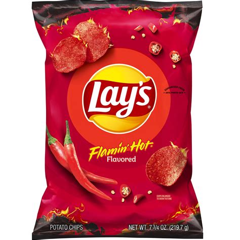 Lays flaming hot. Frito-Lay’s line of BAKED snacks are baked, not fried, to give you the great taste you’ve come to love with Frito-Lay snacks. On top of that, BAKED snacks offer less fat than regular potato chips1, cheese-flavored snacks2, and tortilla chips3. 1 65% less fat than regular potato chips. 2 50% less fat than regular cheese-flavored … 
