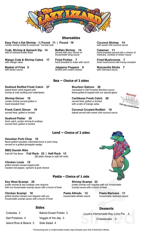 Lazy lizard grill menu. De Lazy Lizard Bar and Grill, Ocean City: See 689 unbiased reviews of De Lazy Lizard Bar and Grill, rated 4 of 5 on Tripadvisor and ranked #75 of 378 restaurants in Ocean City. 