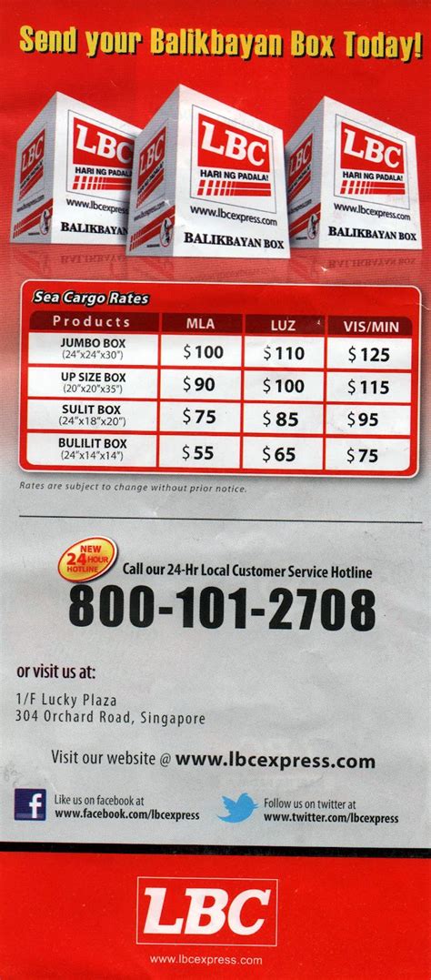 Lbc box sizes and rates. You need to set a schedule for when you want them to pick up your balikbayan box. Their rates range from CA$85 to CA$115. Manila Cargo Express – This shipping company ships balikbayan boxes weekly via sea cargo. They have two box sizes: the standard sea cargo box (18”x18”x29”) and smaller sea cargo box (14”x14”x21”). 