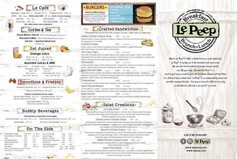 Le peep edison menu. Specialties: Le Peep is a marvelous world of generous servings and abundant flavors. Fresh. Simple. Elegant. Inviting. We deliver it all with smiles! You have tried the rest, Now its time to try the BEST. Established in 1986. Le Peep has been serving the community since 1986. 