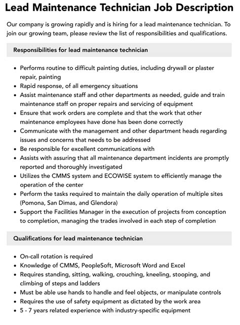 Lead Maintenance Technician Job Description: Salary, Duties, & M…