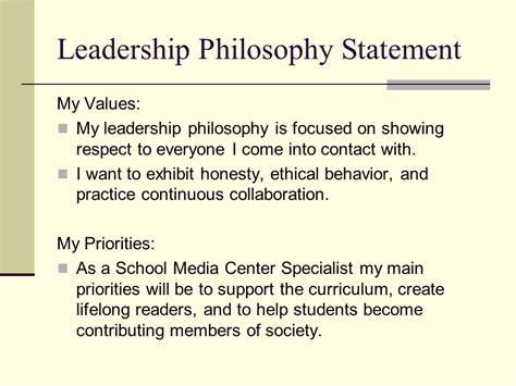 Leadership philosophy examples. ... to a teaching philosophy statement, an educational leadership philosophy statement is typically one to two pages in length, and written in the first-person ... 