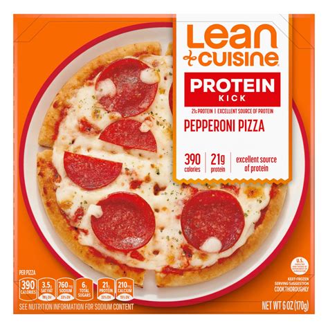 Lean cuisine pizza. Add a kick of protein to your day with a Lean Cuisine Protein Kick Supreme Pizza Frozen Meal. At 350 calories and 17 grams of protein per package, this easy-to-make Lean Cuisine frozen meal is an excellent source of protein and features sausage, pepperoni and veggies with a four-cheese blend. 