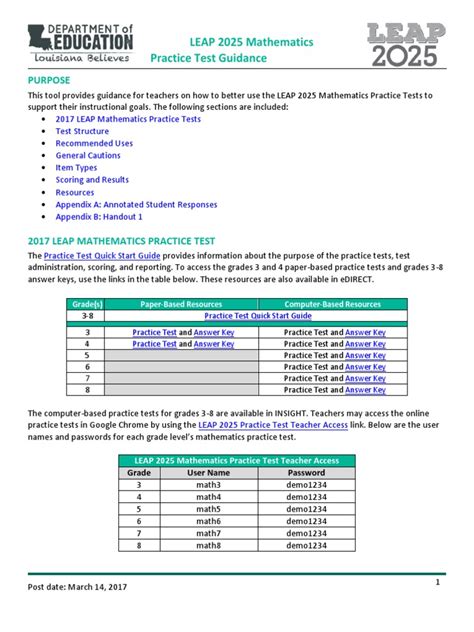 Leap 2025 practice test pdf. This document contains the answer keys and rubrics for the LEAP 2025 Geometry Practice Test. Session 1a Task # Value (Points) Key Alignment. 1. 1. The set of all points in a plane that are equidistant from a given point is called a The given point is called the. GM: G-CO.A.1 2 1 C GM: G-SRT.A.1a 3. 