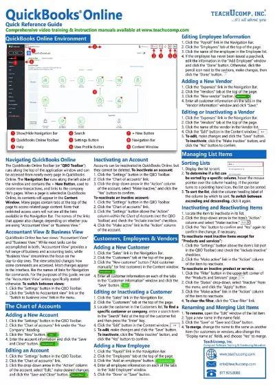 Learn QuickBooks Online Quick Reference Training Card Laminated
