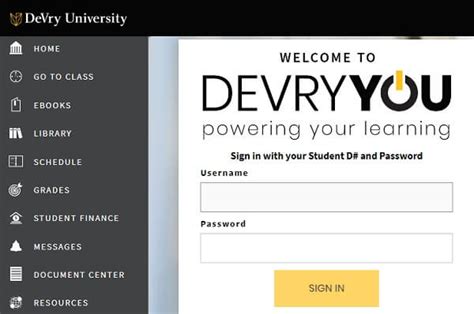 Learn. devry.edu. Welcome to the student portal for current students at DeVry University. Login to attend class and find information about your schedule, grades and more. 