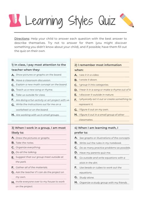 Learning Styles Test Printable