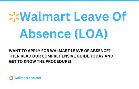 Leave absence walmart. Walmart Will Implement a Leave-of Absence Policy In 2022. Walmart’s Leave of Absence policy allows qualified employees to request time off from work for their health or the well-being of family members. The maximum time that eligible employees may be absent is 12 weeks. Walmart might deny you leave request if it is not within the prescribed ... 