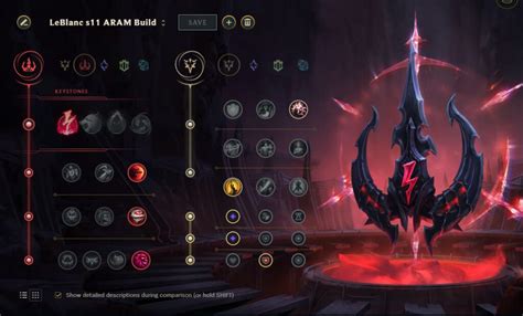 Leblanc runes aram. Ranked ARAM Arena. Model Viewer. Tier: A Win38.46% Pick8.35% Games: 1122 KDA: 3.31 Score: 41.85. Our LeBlanc ARAM Build for LoL Patch 13.20 is updated daily with the best LeBlanc runes, items, counters, skill order, build order, mythic items, summoner spells, trinkets, and more. 