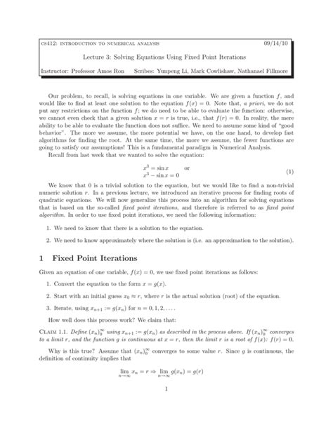 Lecture 3: Solving Equations Using Fixed Point Iterations