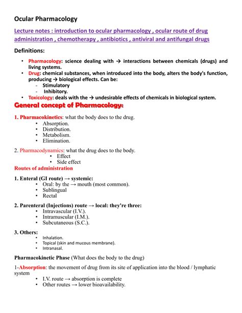 Lecture notes: introduction to ocular pharmacology, ocular route …