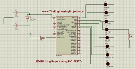 Led blinking using pic16f877a in proteus.  Almost all the real-time appli...