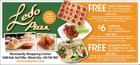 Ledos pizza coupons. deals-and-coupons. Deals and Coupons. Show all. DealFeatured. Small Pizza & 5 Wings ... Ledo pizza's handmade flaky crust, sweet tomato sauce, smoked provolone ... 