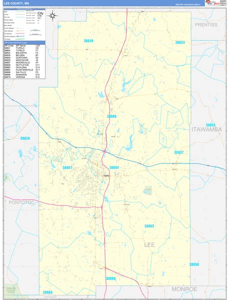 Lee County, MS Zip Code Wall Map Basic Style by MarketMAPS MapSales