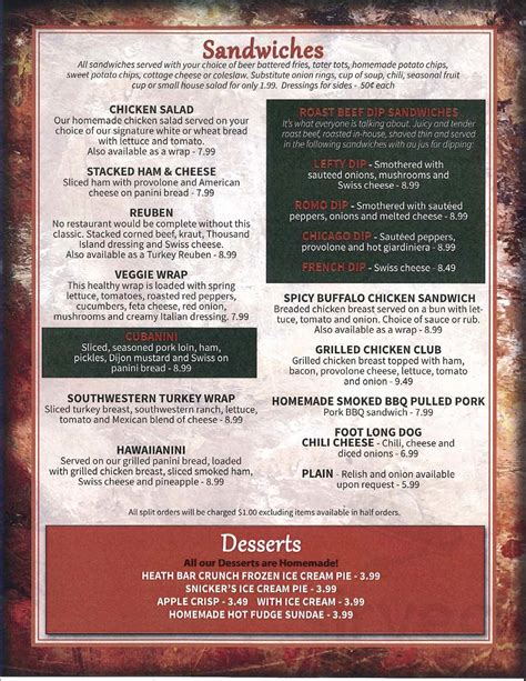Lefty and romos menu. 1985 Holton Rd Muskegon, MI 49445 231-744-3222. Lefty & Romos' specializes in GREAT homemade food, GREAT service and good friends. Sit back, relax and ... 