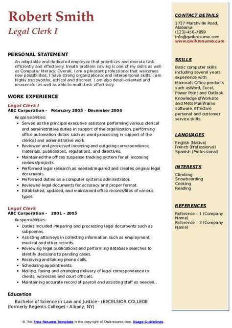 Legal Clerk Resume Samples QwikResume