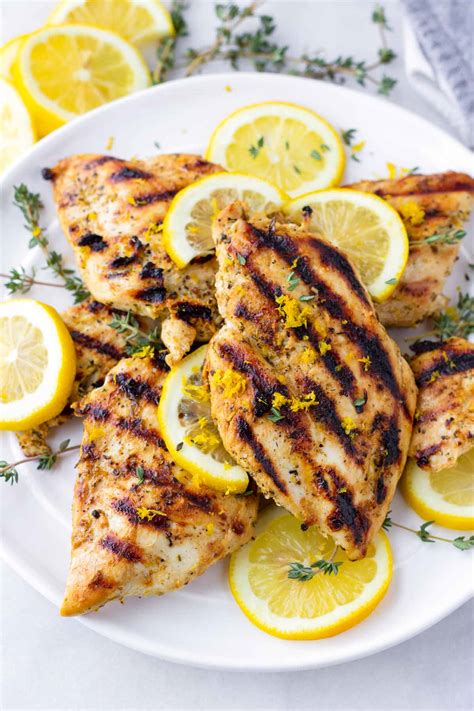 Lemon marinade for chicken. Grill the chicken. Place the marinated chicken on the prepared grill, disposing any excess marinade. Grill the chicken for 4-5 minutes per side, or until an instant-read thermometer inserted in the center of the chicken registers an internal temperature of 165 degrees F. Serve. Serve immediately with your favorite side dishes! 