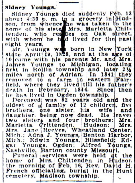 Lenawee county mi obits. Marriages and Deaths As Found in the Michigan Expositor, Published At Adrian, Lenawee County, Michigan, 1850, 1851 & 1852 FamilySearch Library. Obituaries and Deaths, 1853 - 1876, Extracted from Adrian Newspapers Lenawee County, Michigan FamilySearch Library. Tri=weekly Telegram 09/25/1900 to 01/01/1903 Genealogy Bank. 