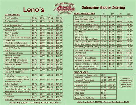 The menu for Leno's Sandwich Shop may have changed since the last user update. Sirved does not guarantee prices or the availability of menu items. Customers are free to download these images, but not use these digital files (watermarked by the Sirved logo) for any commercial purpose, without prior written permission of Sirved.