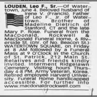 Leo louden obituary. Search all Leo Louden Obituaries and Death Notices to find upcoming funeral home services, leave condolences for the family, and research genealogy. 