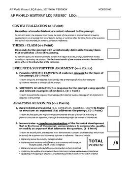 The AP World History exam readers will be looking for proficiency in the same four reporting categories they use to assess your DBQ response: Thesis/Claim, Contextualization, Evidence, and Analyzing and Reasoning. The readers use a rubric similar to the following to determine your raw score, which can range from 0-6. Reporting Category.. 