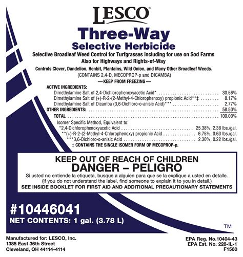 Distributed by LESCO, Inc., 1385 East 36th Street, Cleveland, OH 44114-4114 Net Contents: 2.5 gallons (9.46 Liters) #008820 ... LESCO, Inc. warrants that this product conforms to the chemical description on the label and is reasonably fit for the purposes stated in the Directions for Use, subject to the inherent risks referred to above, when ...