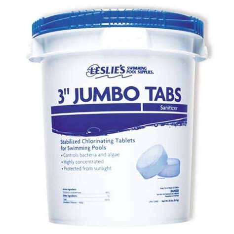 Leslie's - 3 in. Jumbo Chlorine Tabs 35 lbs. Bucket and Fresh N Clear Pool Shock 12 x 1 lb. Bags Bundle Item No. B-1534. Item No. B-1534. $319.87 Leslies 3 in. Jumbo Chlorine Tabs 35 lbs. Bucket and Fresh N Clear Pool Shock 12 x 1 lb. Bags Bundle will help keep your pool water clean & sanitized. .... 