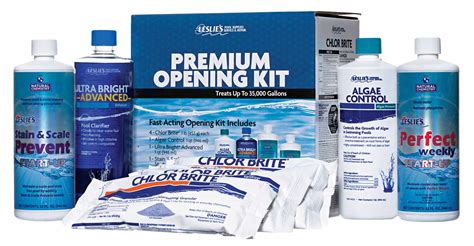  The first item on our pool opening checklist is a Leslie's Pool Opening Kit. These pre-sized bundles include all the essential water chemicals you need to open your pool with ease. Leslie's Standard, Deluxe, and Premium kits include Spring Stain Away, Opening Algaecide, Ultra Bright Advanced clarifier, Chlor Brite pool shock, a Sun Sorb™ oil ... . 