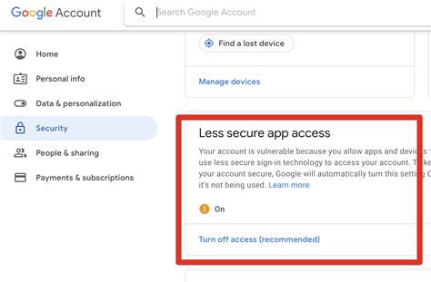 Less secure apps gmail. Step 1: First Login to your Gmail account and head to your Gmail Profile Icon from Top Right corner –> click on ‘My Account’. Step 2: From here you can control, protect and secure your Google Account. In Sign-in & Security, click on “Apps with Account Access” link. Step 3: Now scroll down and you will get an option to control Whether ... 