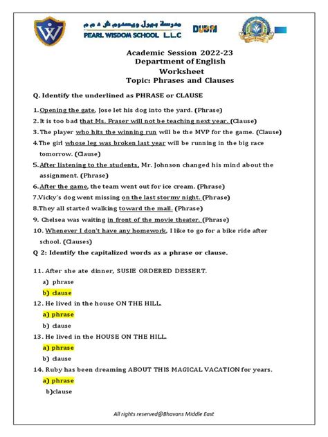 Lesson 1 phrases and clauses answer key.  Examples: 1.  Smith bakes wonderful p...