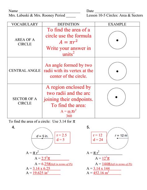 Lesson 10 5 circles area sector with answers
