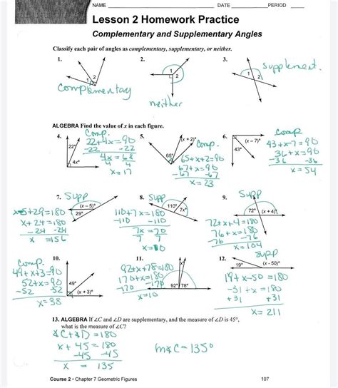 Lesson 2 homework practice complementary and supplementary angles