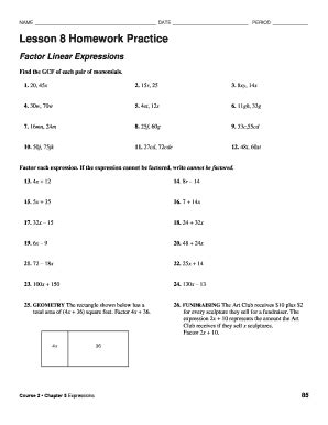 Lesson 8 homework practice factor linear expressions.  2.  Lesson 8 Homewo...