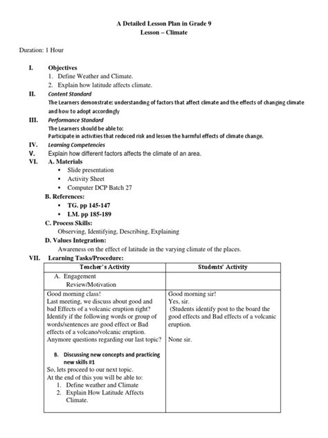 Lesson Plan For Obsevation A Detailed Lesson Plan in Grade 9